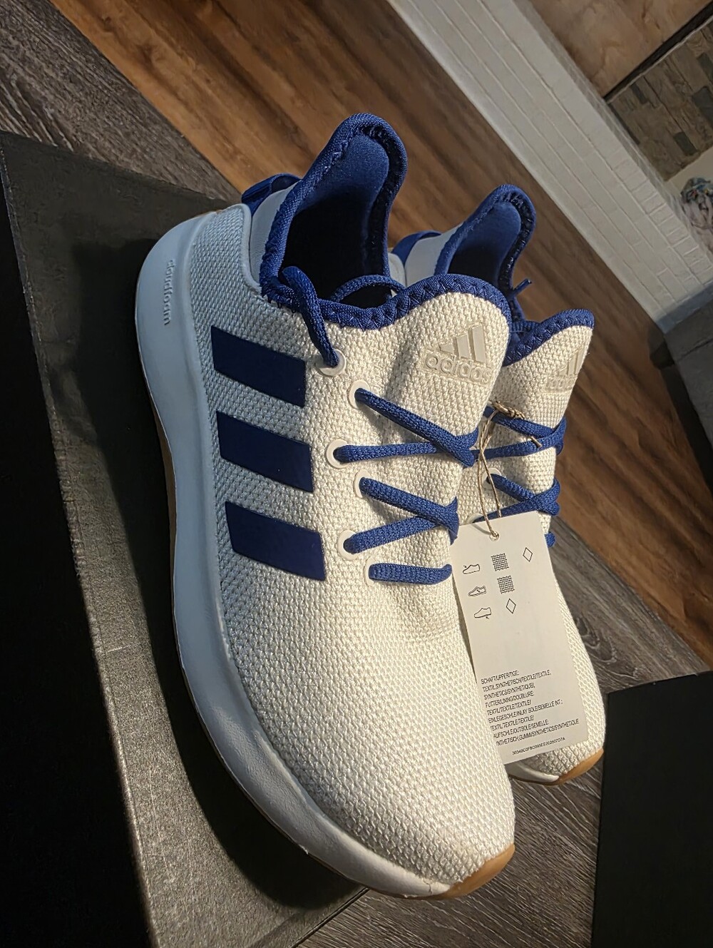 Adidas Cloudfoam Pure SPW White Knit Sneakers with Blue Stripes